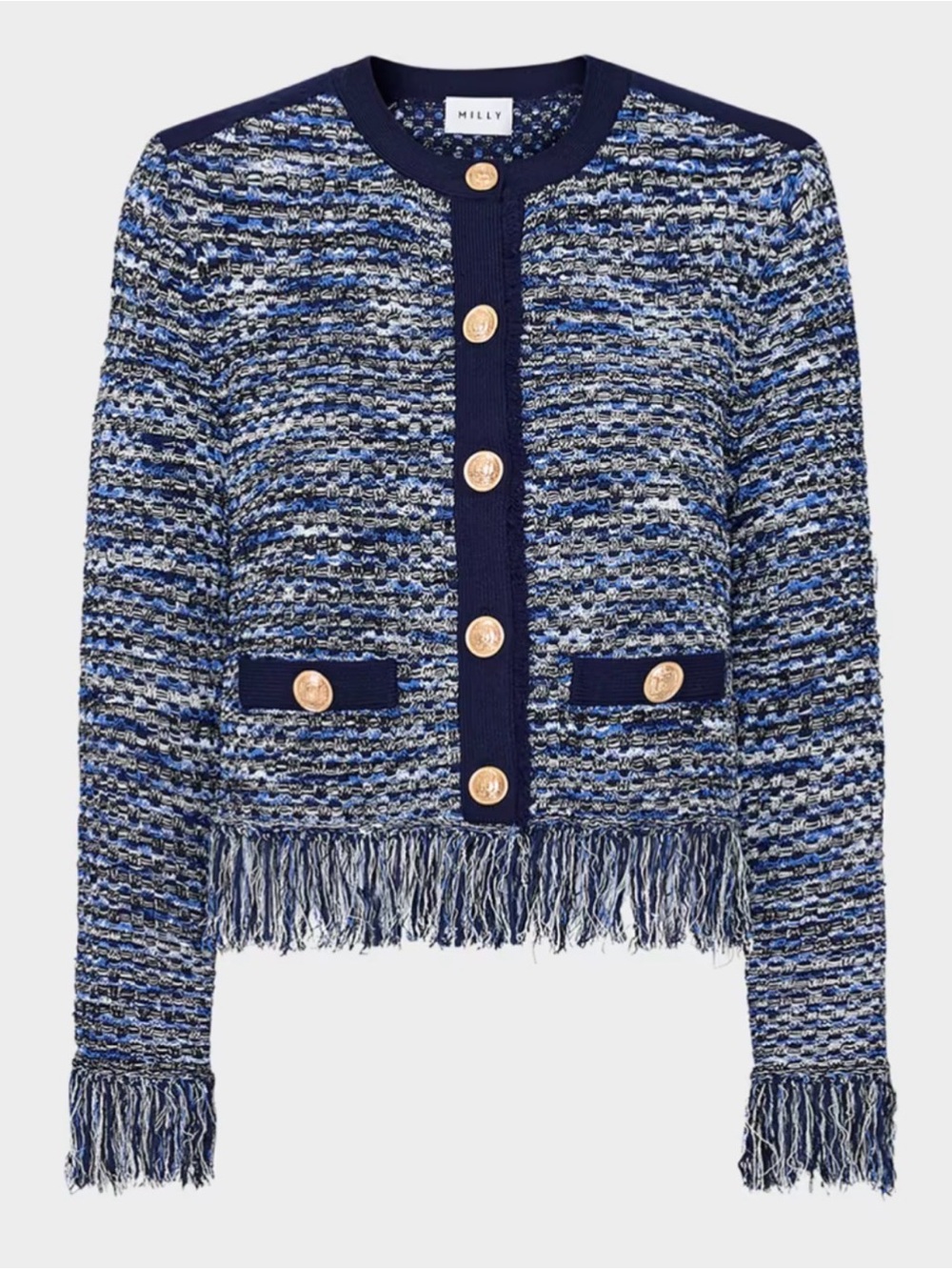 Milly Kaia Fringe Trim Knit Jacket in Navy, Size P (0-2) XS